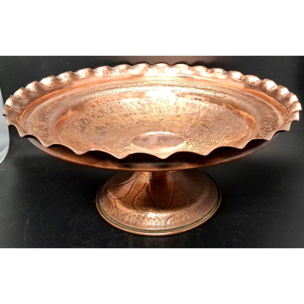 Vintage‎ Embossed Copper Pedestal Compote Bowl w/Scalloped Edge